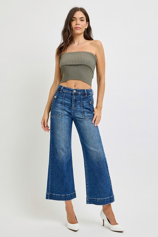 JODIE HIGH RISE ANKLE WIDE LEG PATCH FRONT POCKET JEANS