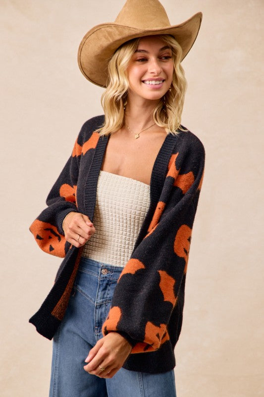 Halloween Pumpkin Bat Artwork Open Front Cardigan