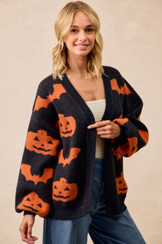 Halloween Pumpkin Bat Artwork Open Front Cardigan
