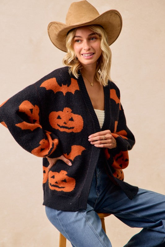 Halloween Pumpkin Bat Artwork Open Front Cardigan