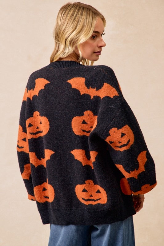Halloween Pumpkin Bat Artwork Open Front Cardigan