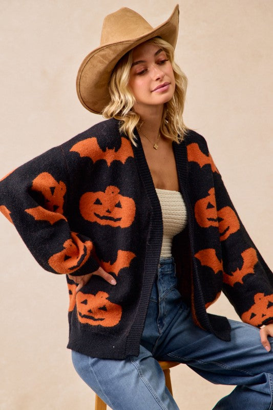 Halloween Pumpkin Bat Artwork Open Front Cardigan