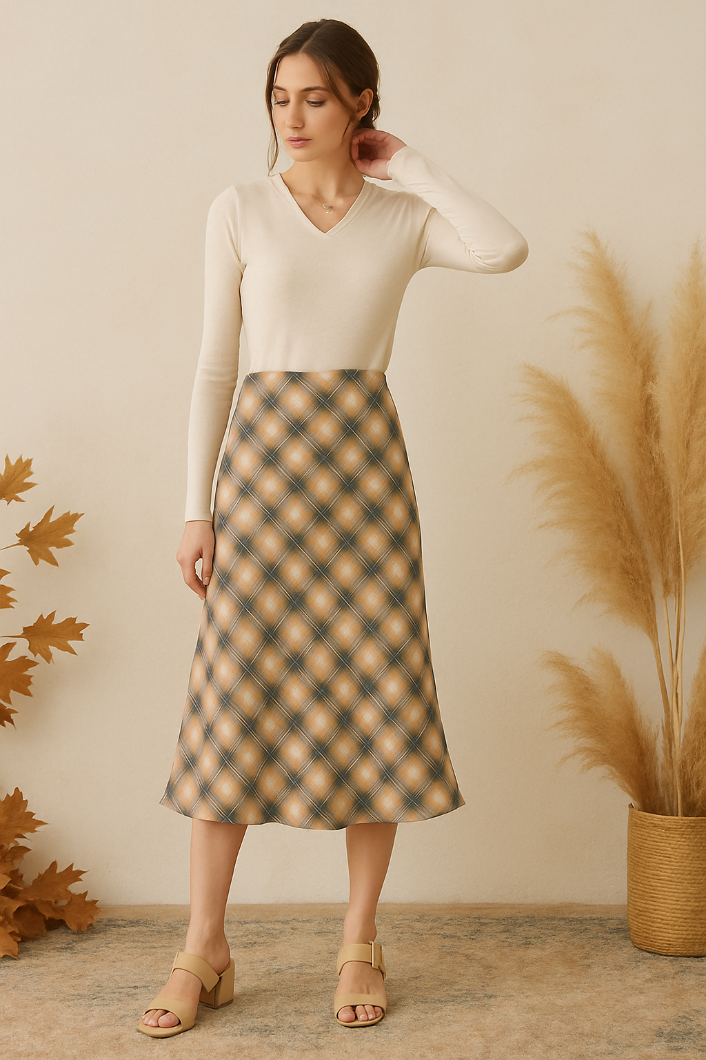 Tina Tartan Plaid Flowy Midi Skirt
