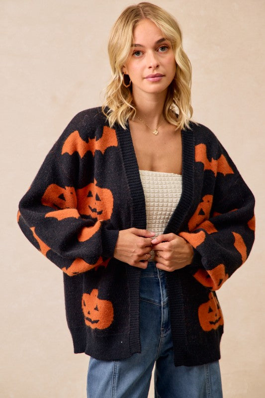 Halloween Pumpkin Bat Artwork Open Front Cardigan